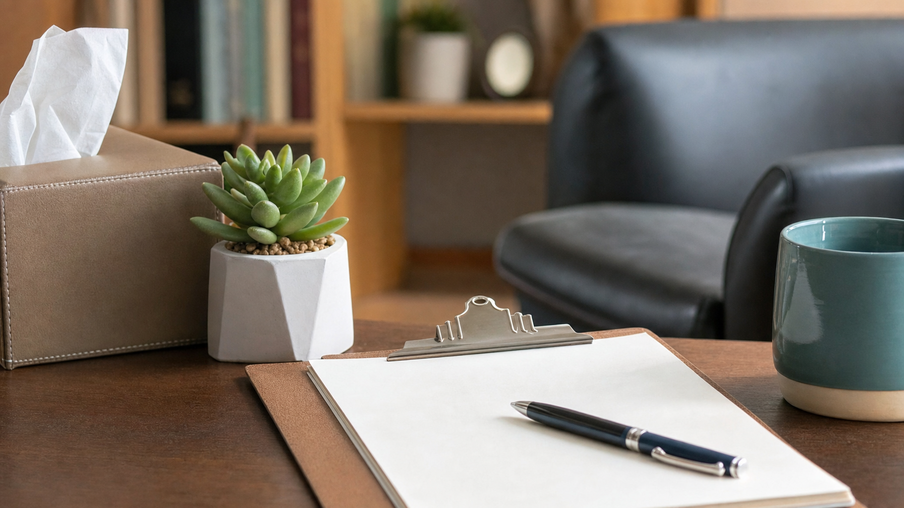 A blank clipboard with a pen rests on a wooden table beside a potted succulent, tissue box, and mug, with an armchair and shelving in the background.