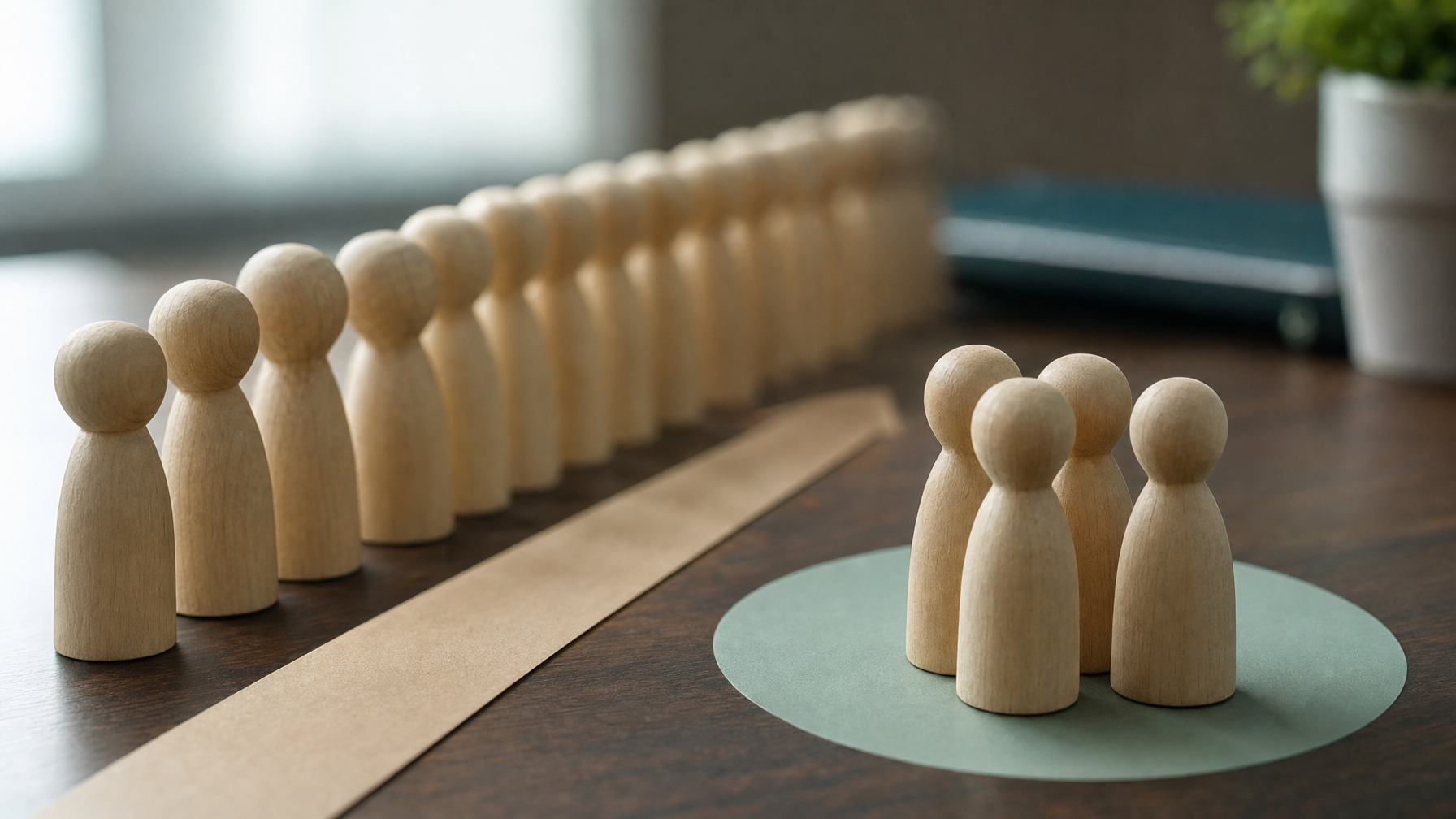 Wooden peg figures stand in a long line beside a small cluster on a green circle atop a wooden table.