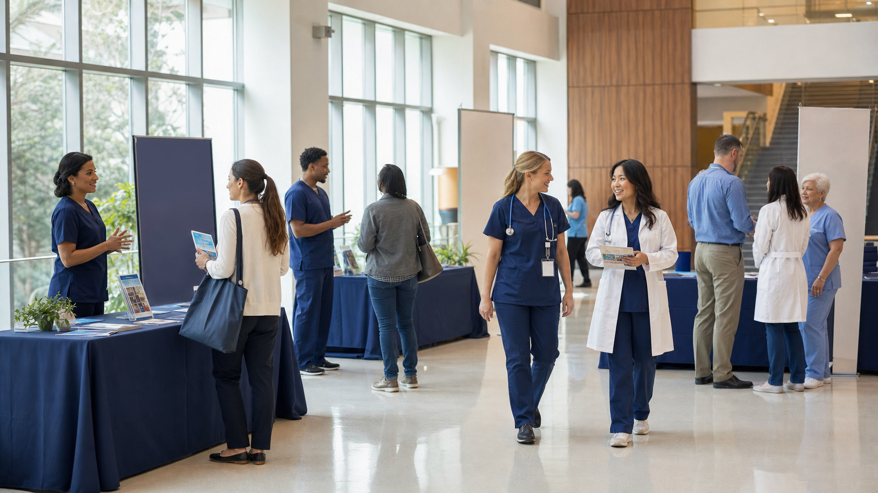 People in medical uniforms and visitors talk around tables displaying brochures in a bright lobby.
