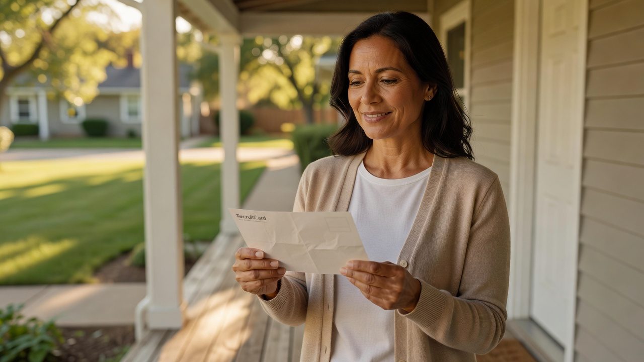 A woman reads a paper letter while standing on the covered porch of a house.