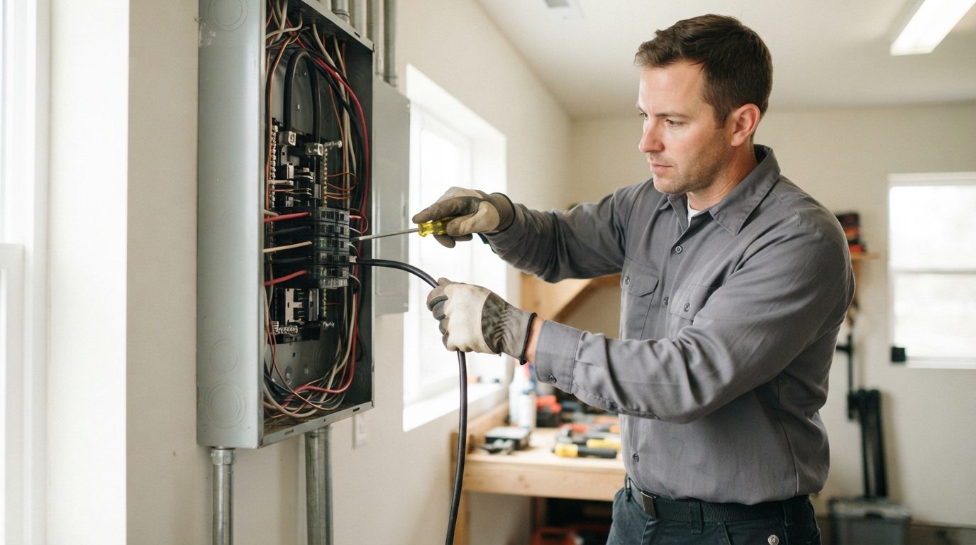 An electrician in gloves uses a screwdriver on an open electrical panel in a bright indoor room.