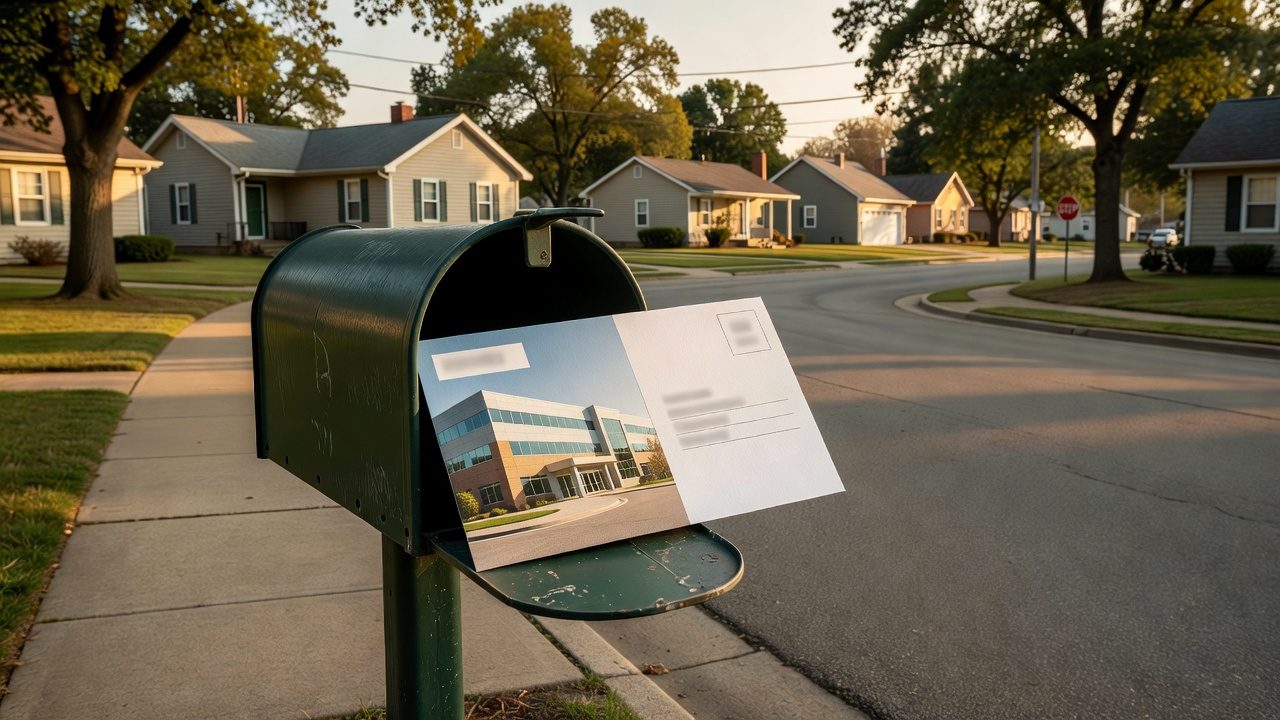 A postcard with a photo of a modern building rests in an open curbside mailbox on a suburban residential street.