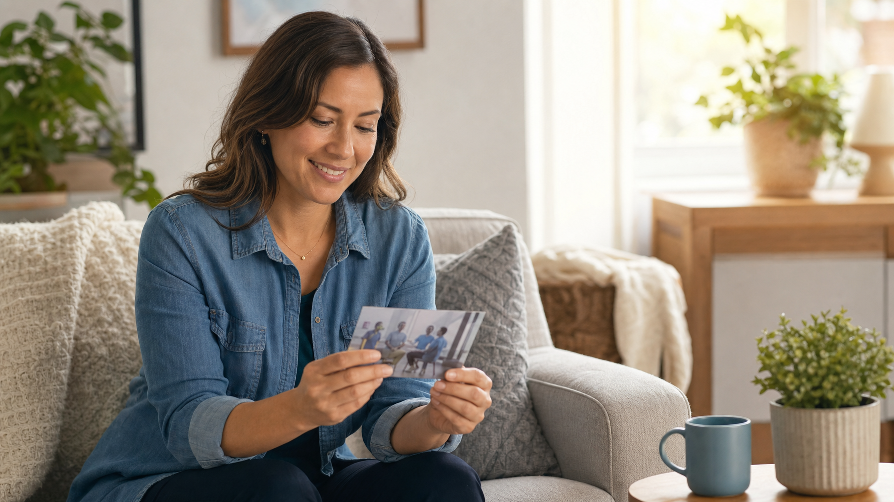 A seated woman smiles as she reads a postcard in a bright, plant-filled living room.