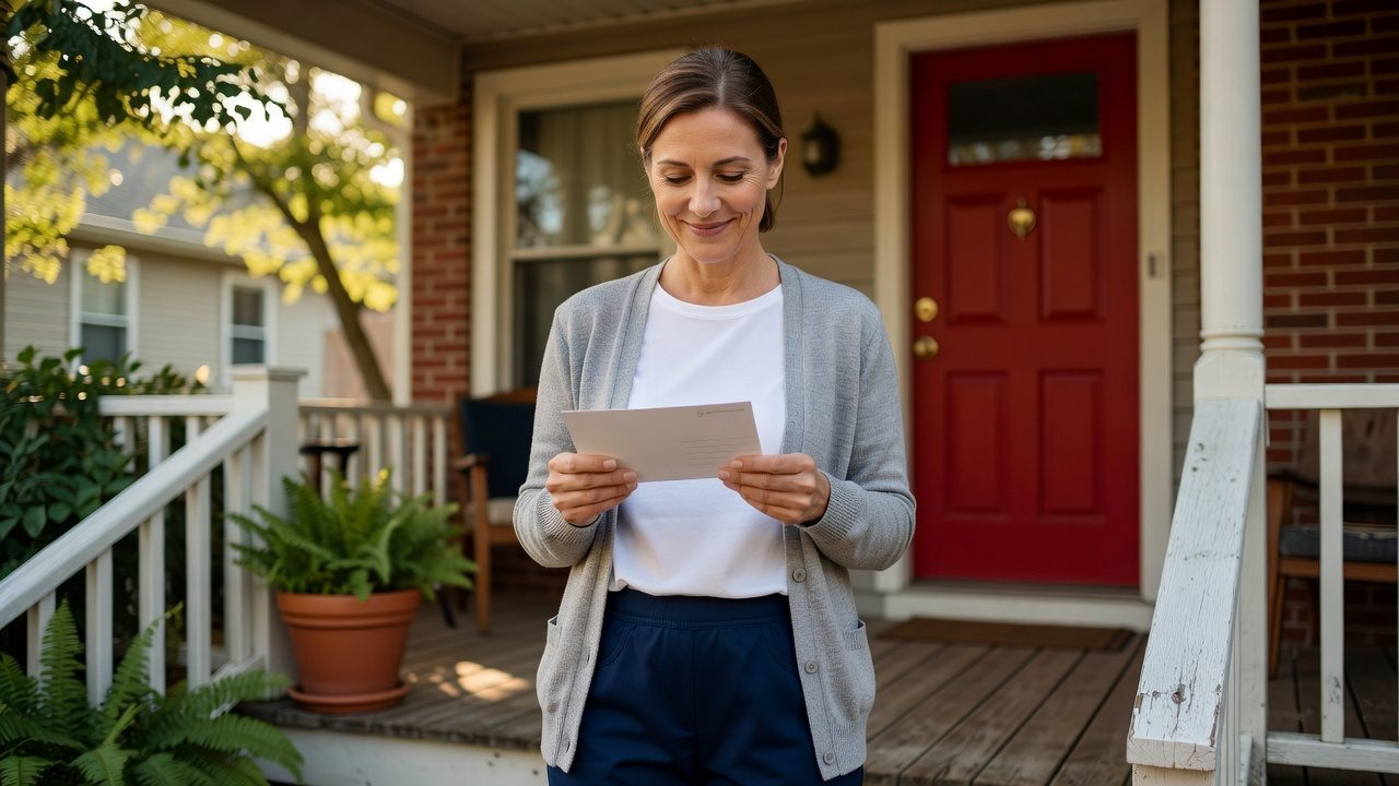A person holds a letter while standing on the porch of a brick-front house.