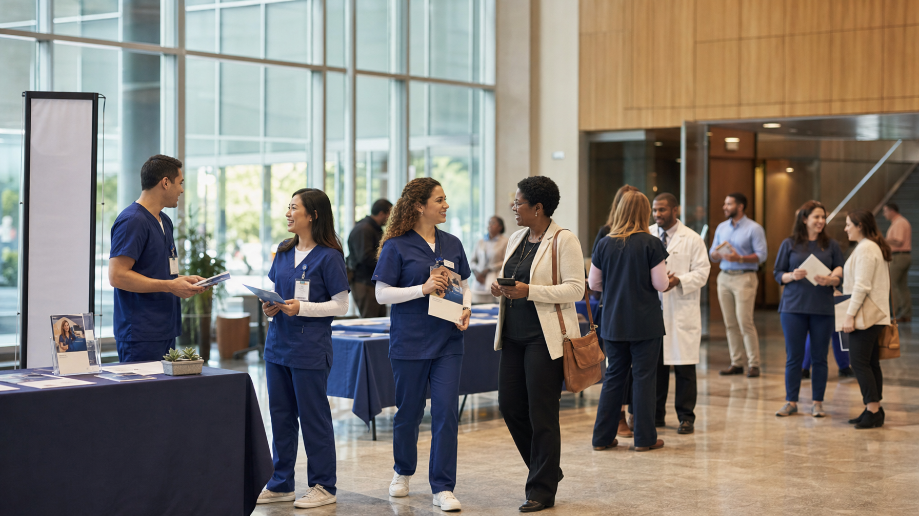 People in scrubs and business attire converse and exchange papers beside an information table in a bright lobby.