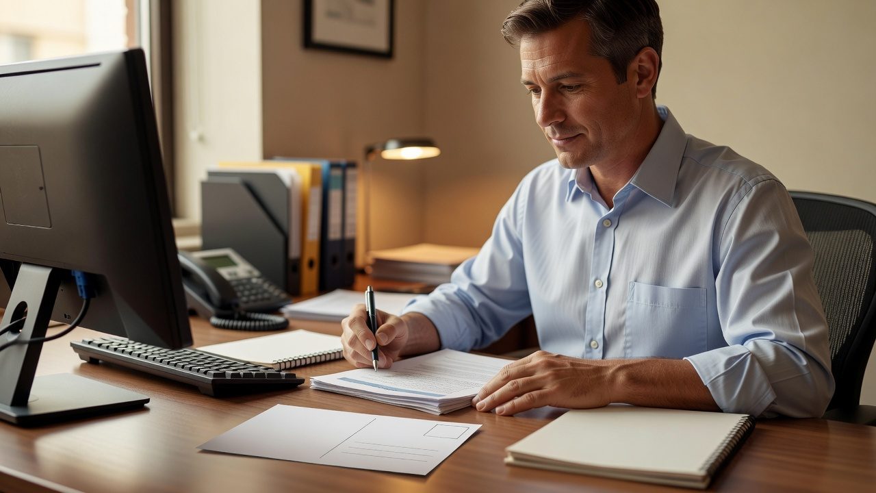 A person in a collared shirt writes on paperwork at a desk beside a computer, telephone, folders, and an envelope in an office.