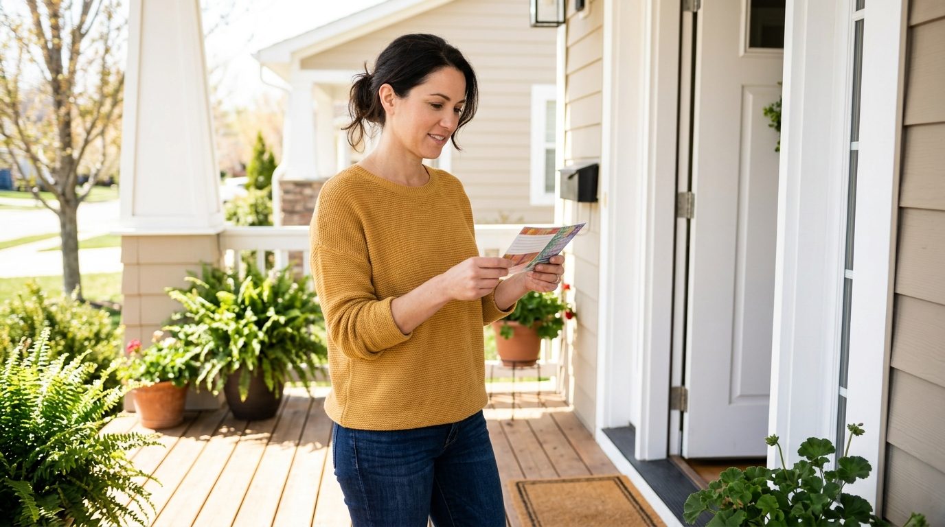 A woman reads a colorful leaflet while standing on the porch of a house beside an open front door.