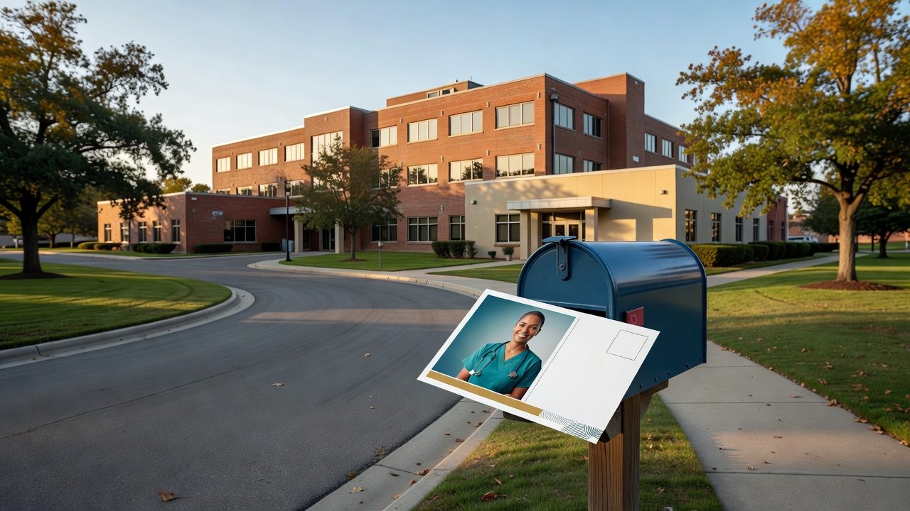 A postcard featuring a person in teal medical scrubs and a stethoscope rests against a blue mailbox outside a brick institutional building.