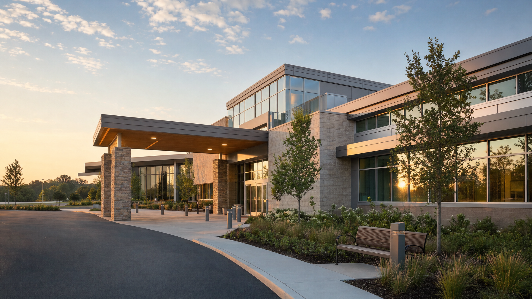 A modern office building with a covered entrance, glass walls, landscaped gardens, trees, and a bench, viewed in warm evening light.