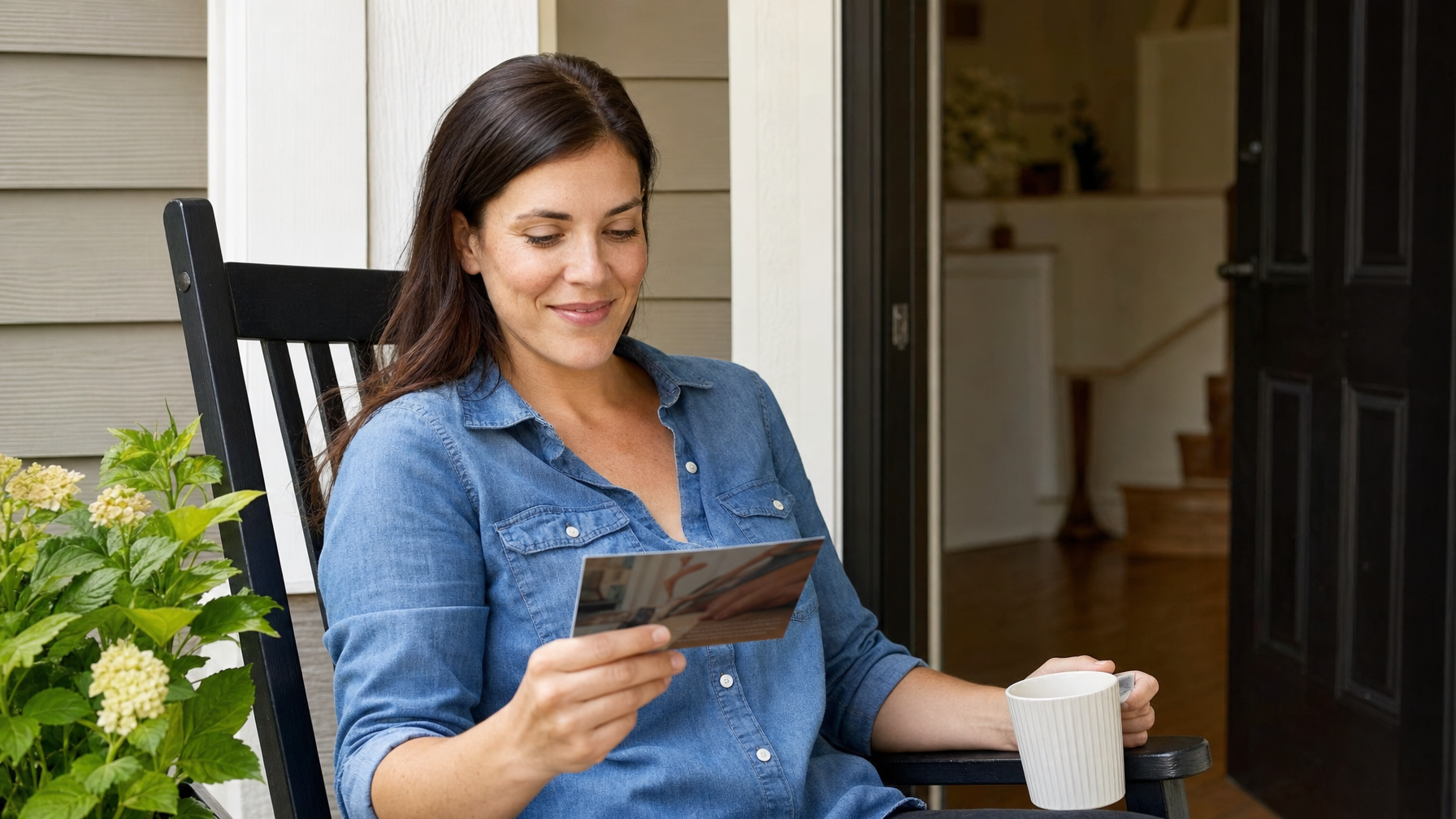 A person sits in a rocking chair on a front porch, holding a printed card and a white mug near an open doorway.
