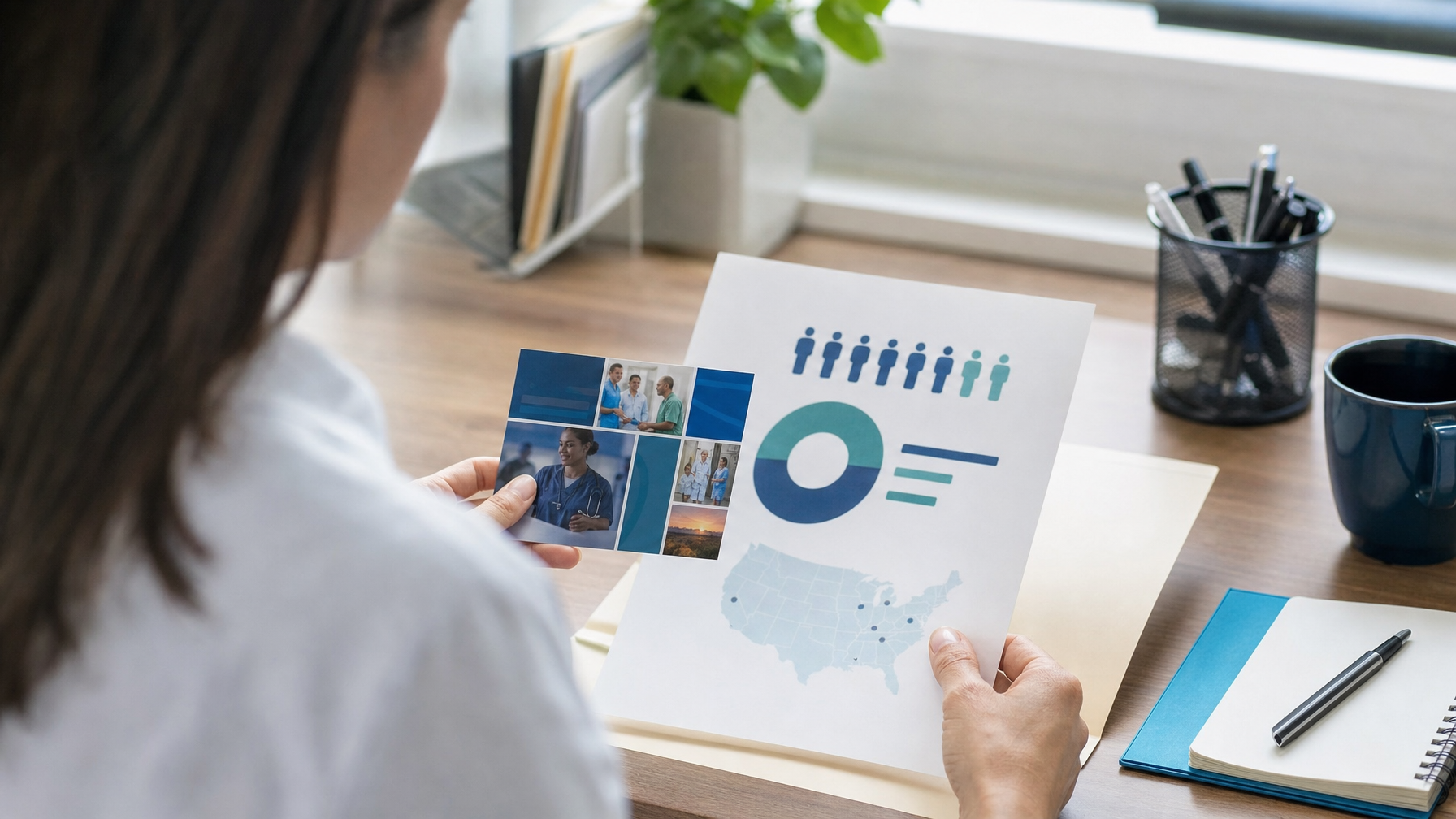 A person in a white top holds an infographic with people icons, a circular chart, a map, and healthcare worker photos at a desk with a notebook, pen, mug, and plant.
