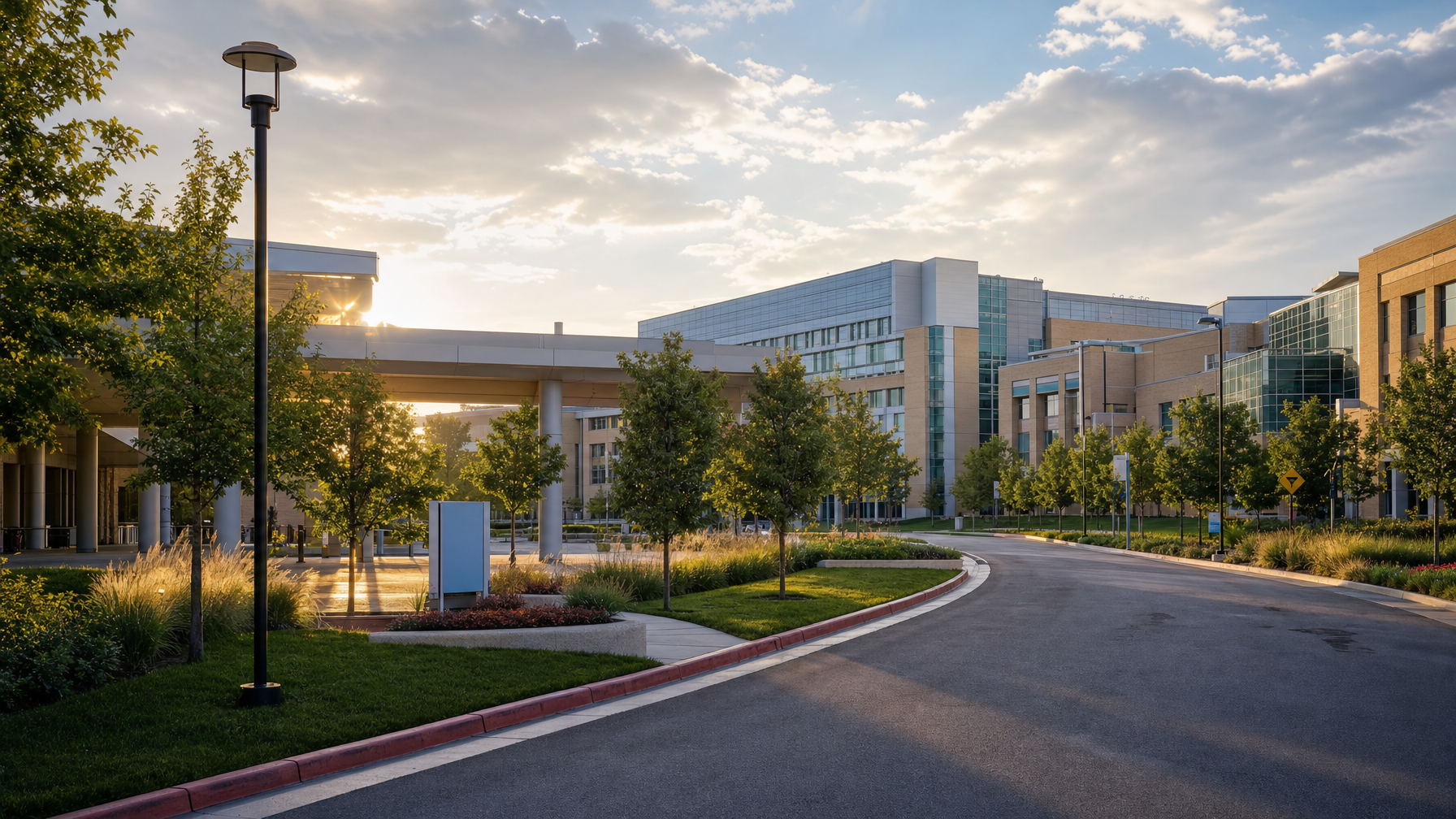 A modern medical campus with glass-and-brick buildings, landscaped grounds, a covered entrance, and a curving access road in evening light.