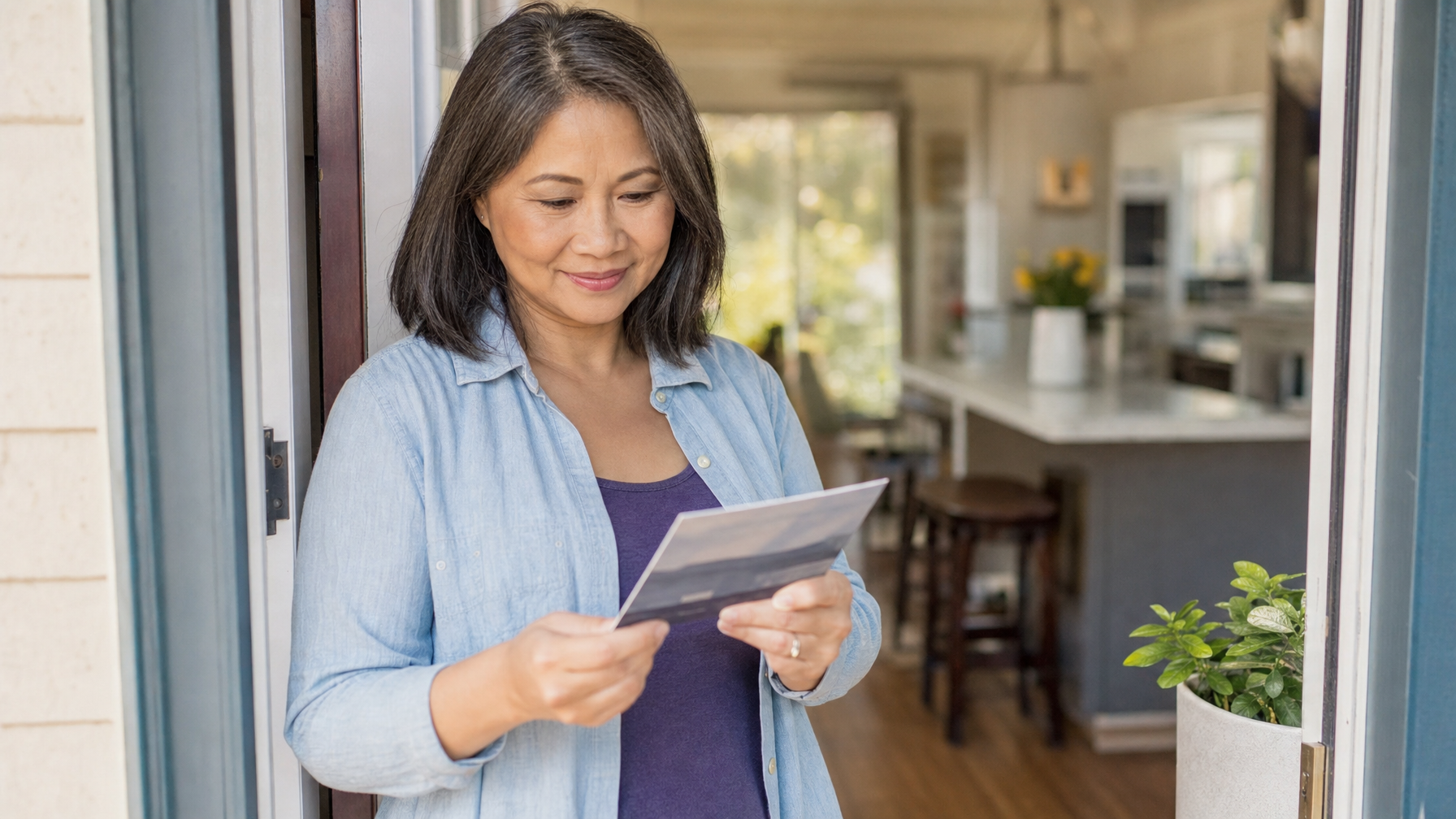 A person holds a document while standing in an open doorway, with a bright home interior and a potted plant behind them.
