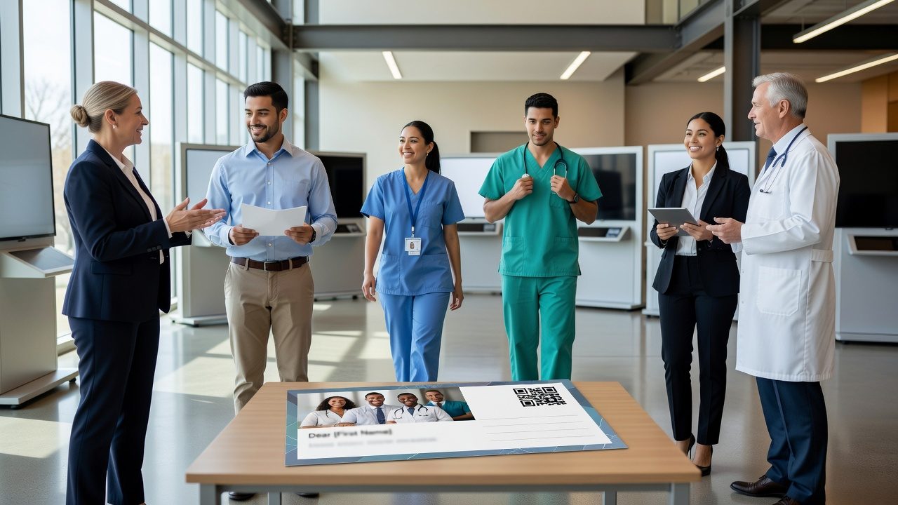 A group of suited office workers and people in medical uniforms gather around a table displaying a postcard with a photo and QR code in a bright modern workplace.