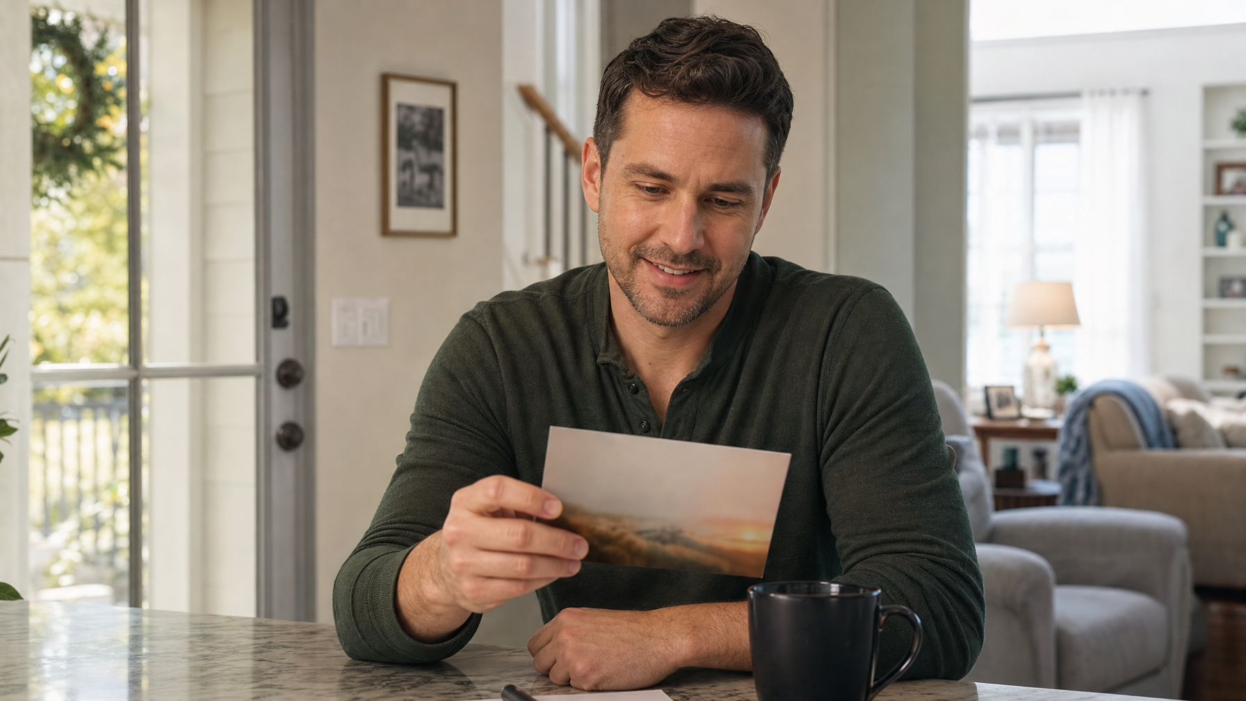 A man reads a landscape postcard at a kitchen counter in a bright home, with a mug nearby.