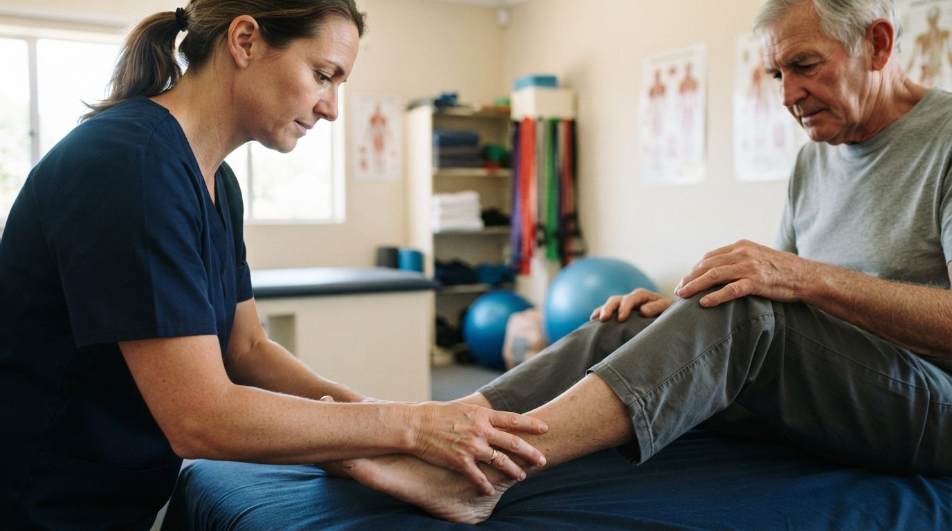 A therapist in navy scrubs examines a seated person's lower leg in a bright therapy room with exercise equipment and anatomy posters.