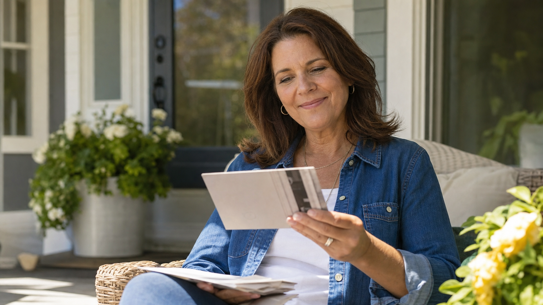 A person sits outdoors reading a card or booklet, with additional papers on their lap and potted flowers nearby.