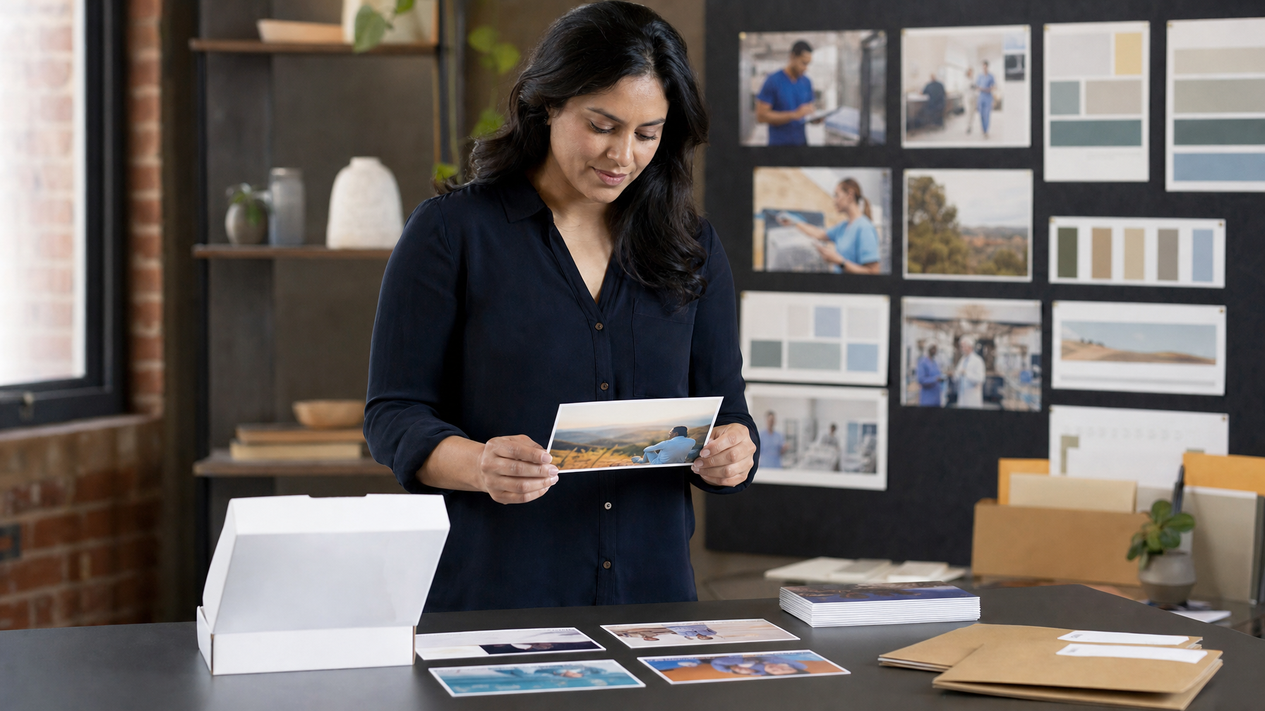 A woman reviews a printed photograph beside postcards, envelopes, a mailing box, and stacked cards on a worktable in a creative studio.