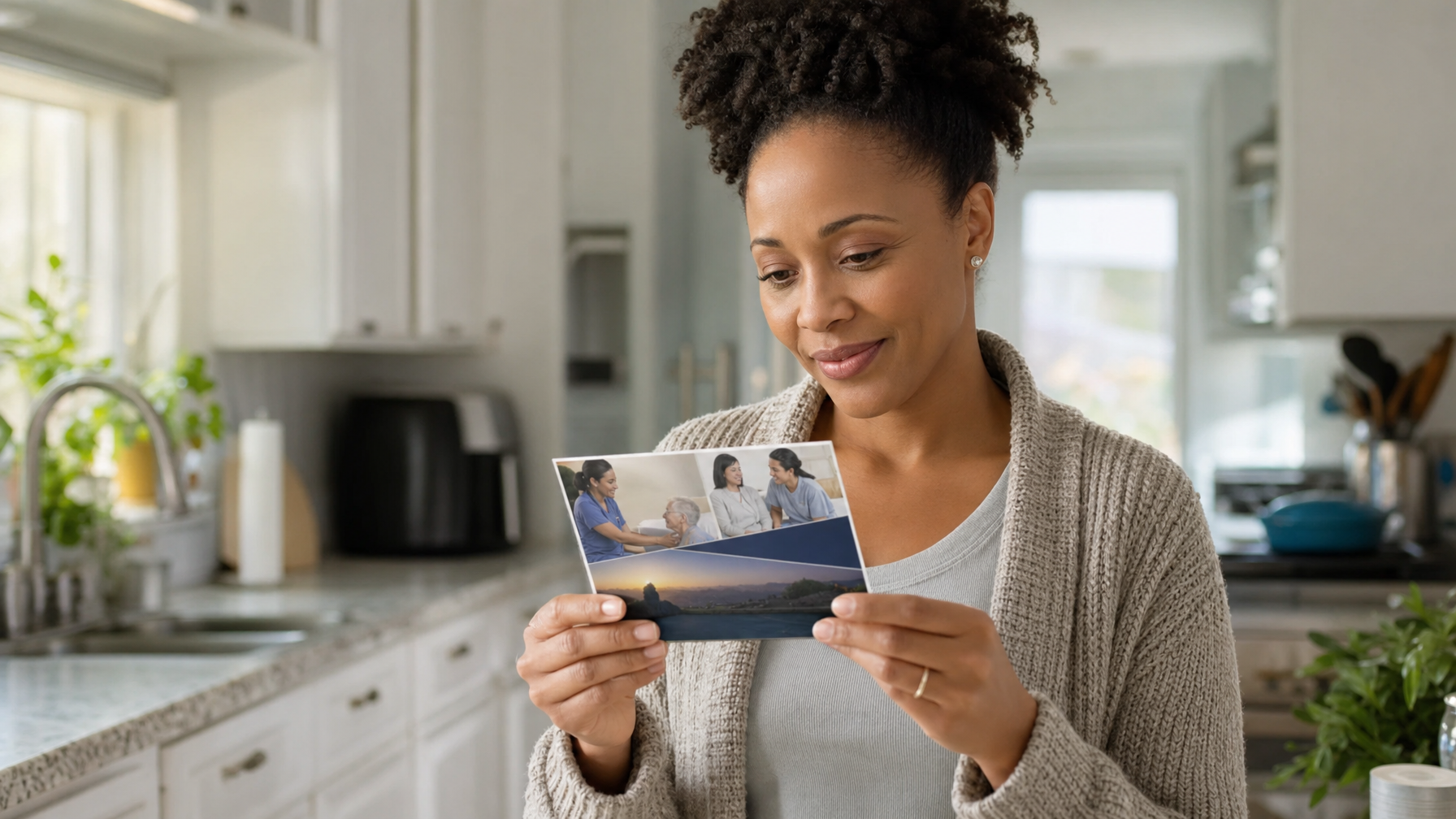 A woman examines a postcard featuring caregiving scenes in a bright kitchen.