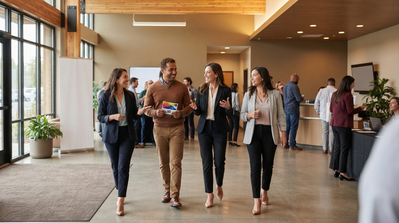 Adults walk and mingle in a bright modern reception hall while one person holds a colorful card.