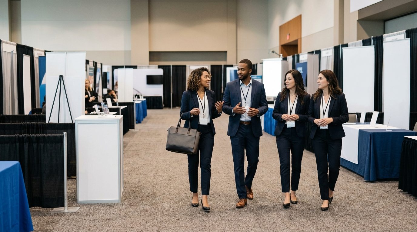 Four business-dressed adults walk through a convention hall lined with curtained exhibitor booths and display panels.