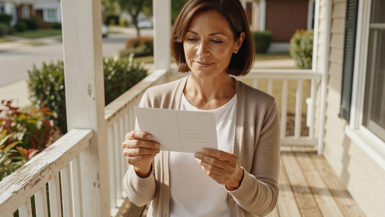 A woman reads a blank postcard while standing on a sunlit residential porch.