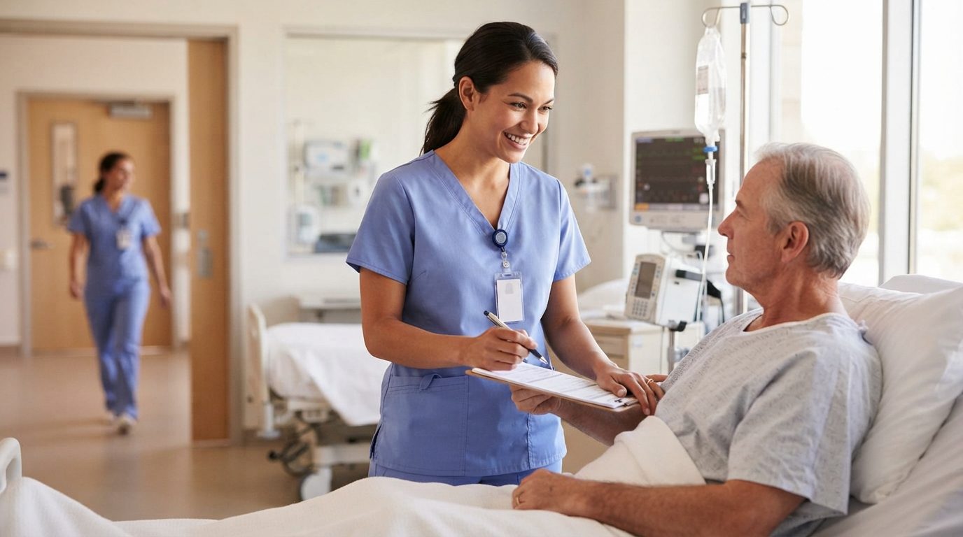 A nurse records information while speaking with a patient in a bright hospital room, with another nurse in the doorway and medical equipment nearby.