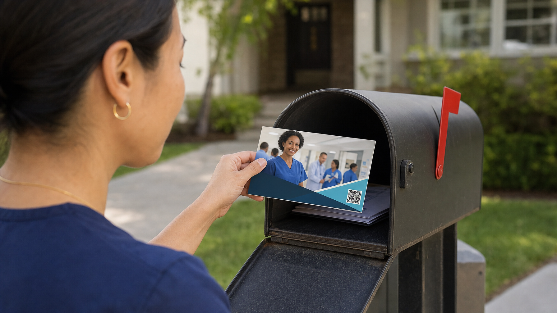 A woman places a printed postcard featuring people in blue uniforms and a QR code into an open mailbox outside a house.