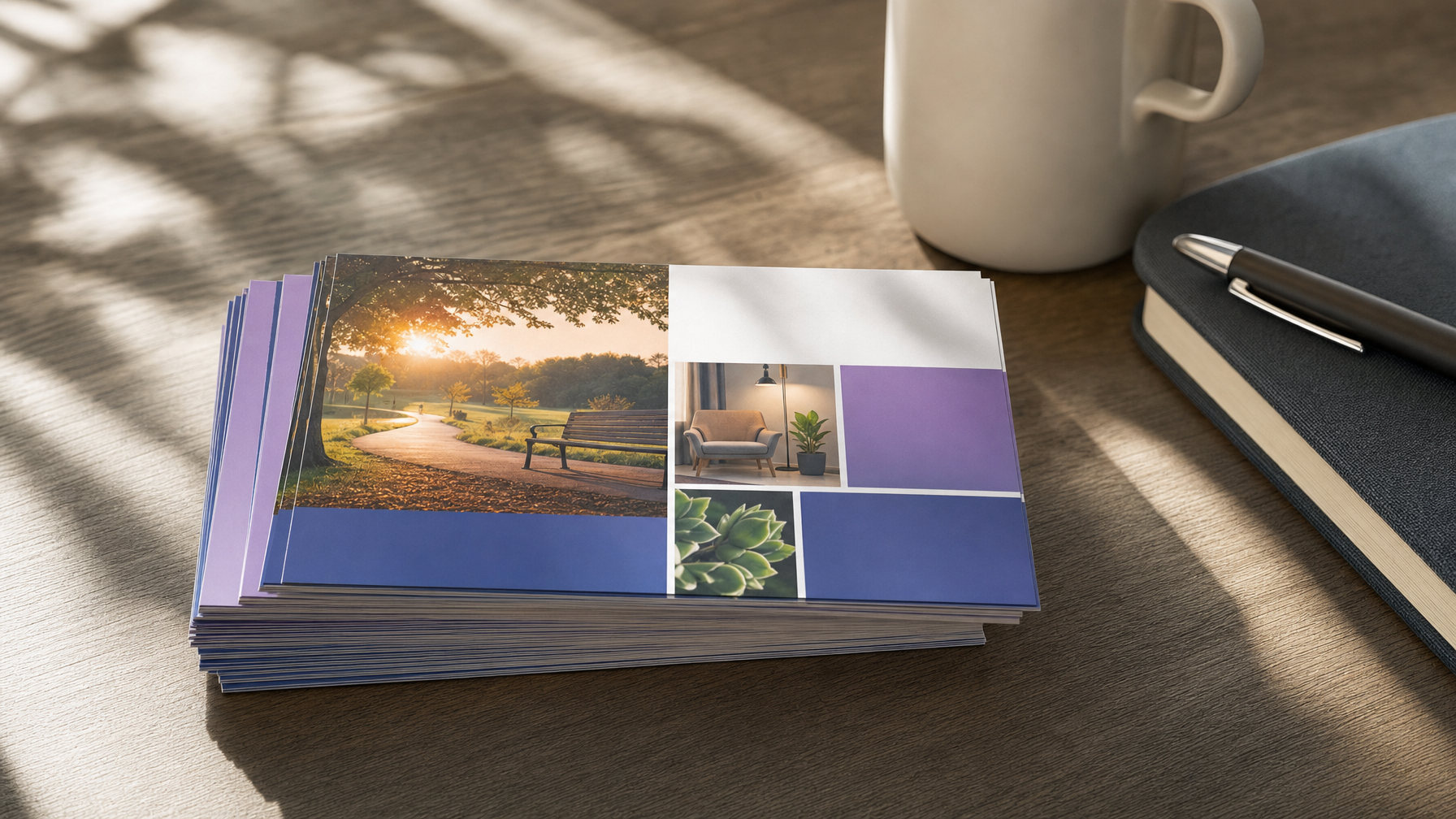 A stack of blank, colorful cards with photographs of a park, a chair, and plants rests on a wooden desk beside a mug and notebook.
