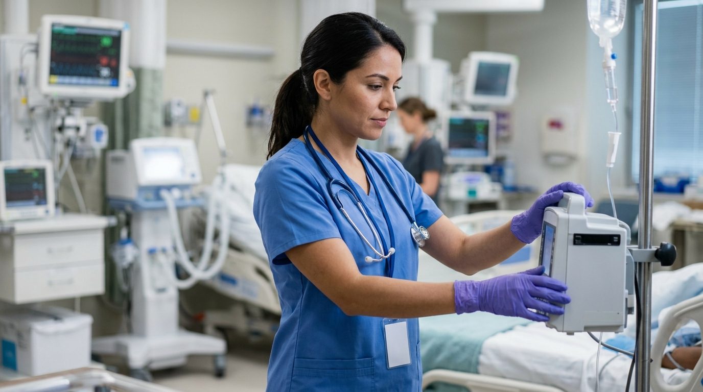 A nurse in blue scrubs and gloves adjusts medical equipment beside a hospital bed in a hospital room.