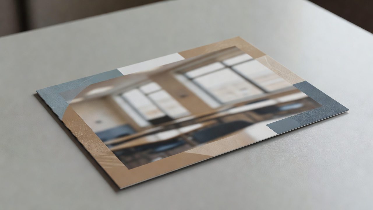 A printed postcard featuring a blurred interior with large windows rests on a light-colored tabletop.