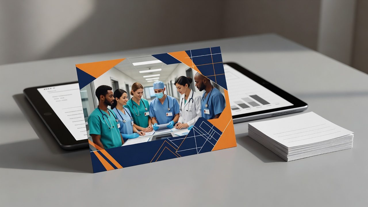 A printed card shows six healthcare workers in scrubs and white coats gathered around paperwork on a desk beside a tablet and a stack of forms.