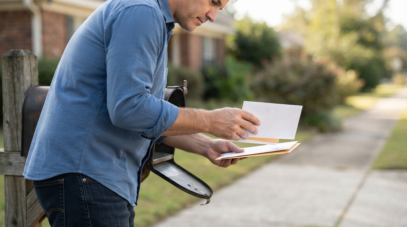 A person handles envelopes and papers beside an open roadside mailbox on a residential sidewalk.