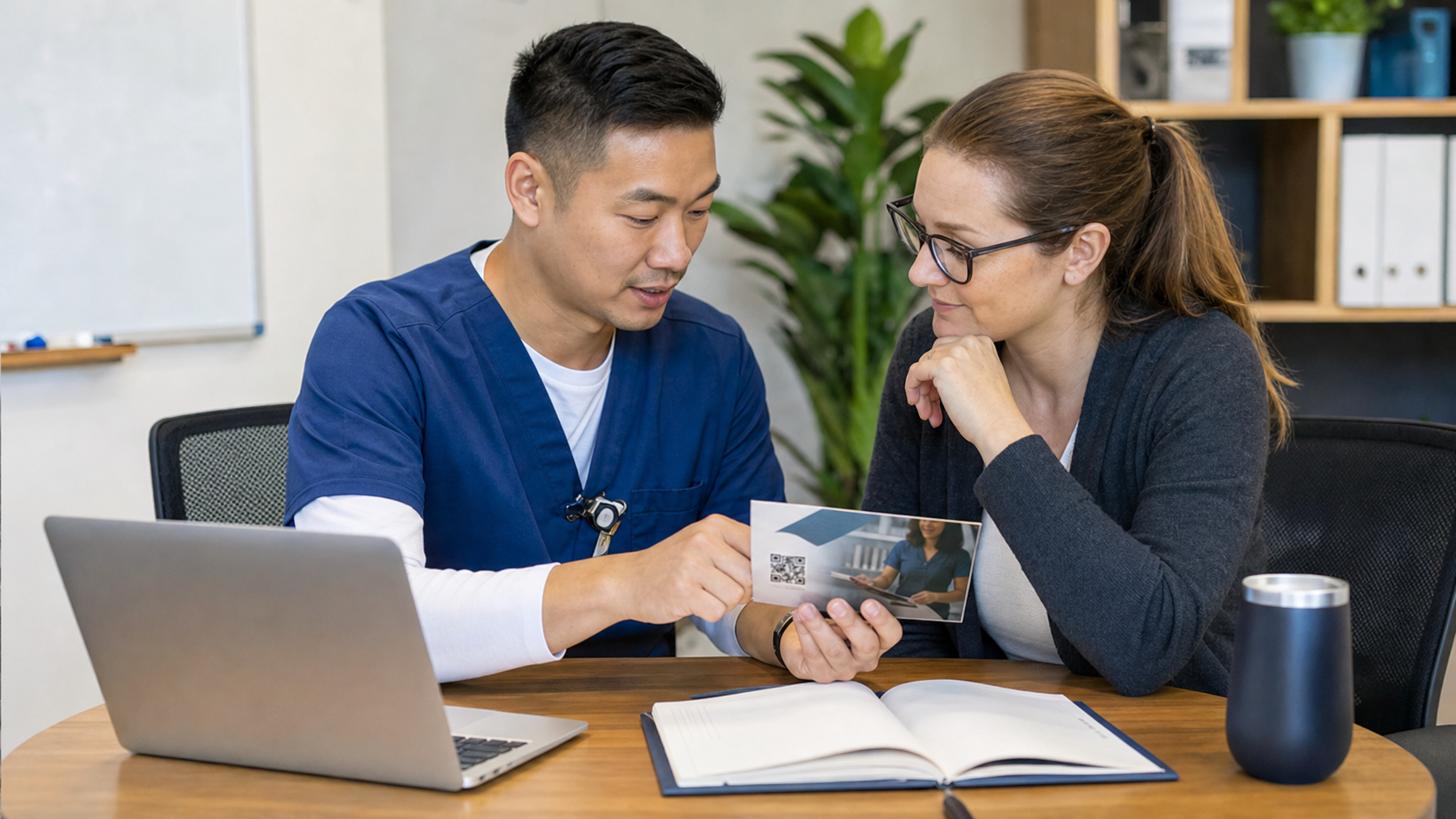 A person in blue medical scrubs points to a printed card with a QR code while a woman holds it, seated at a table with a laptop and notebook in an office.