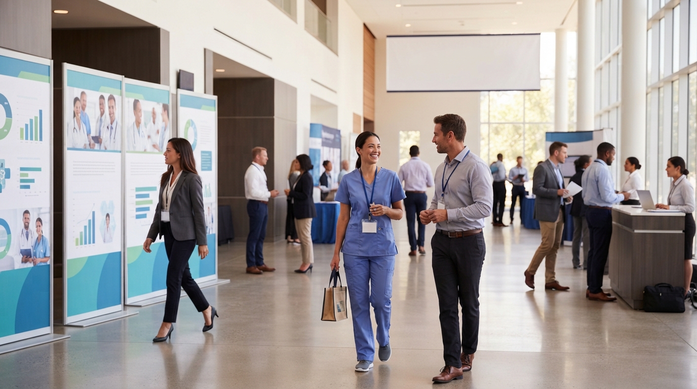 People mingle in a bright conference hall beside presentation panels, including a person in blue medical scrubs carrying a tote bag.