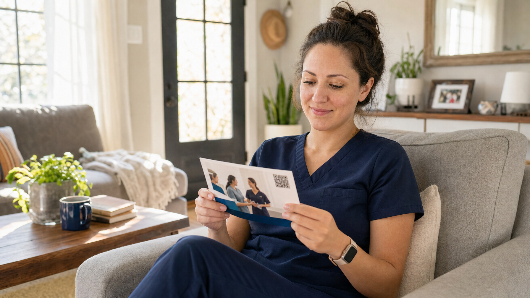 A person in dark medical scrubs reads a printed card while seated in an armchair in a sunlit living room.