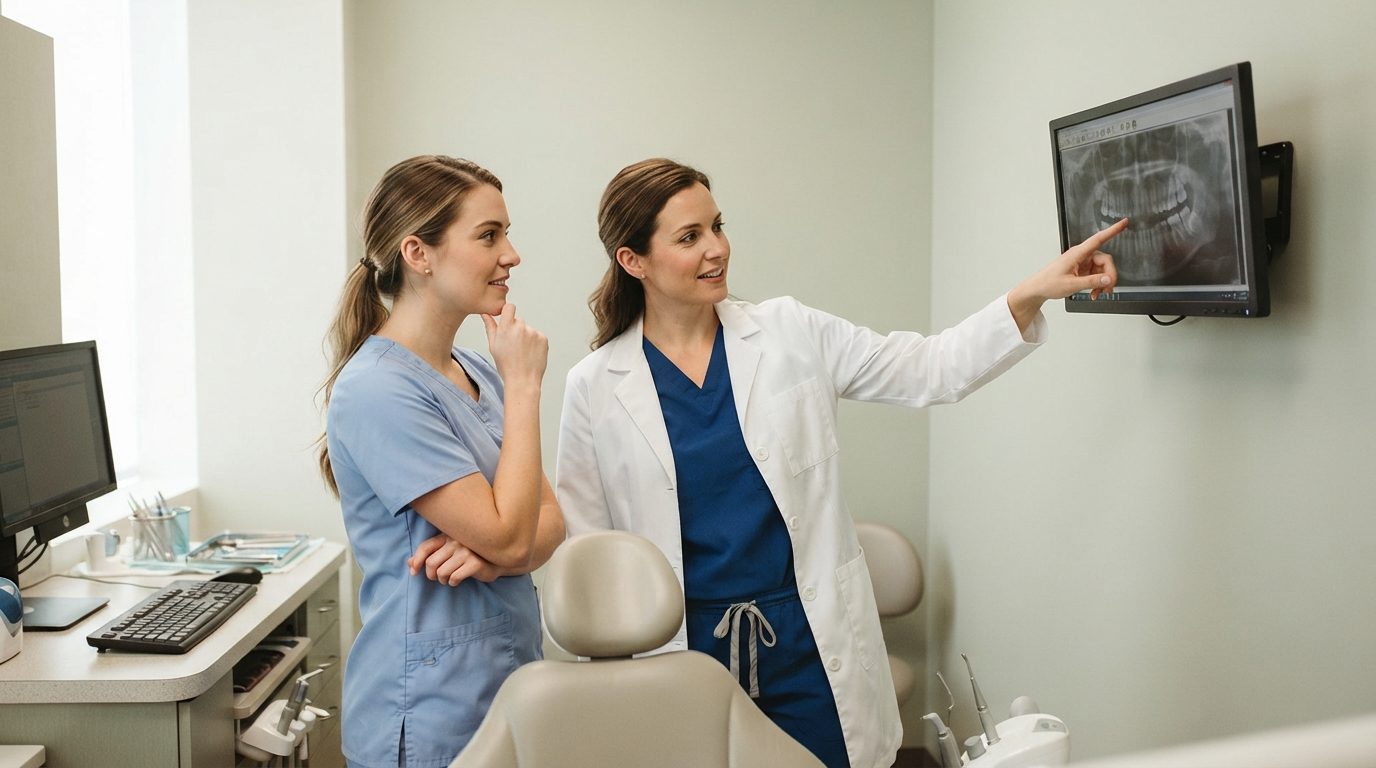 Two dental professionals review a dental X-ray in a bright treatment room, with one pointing at the monitor.