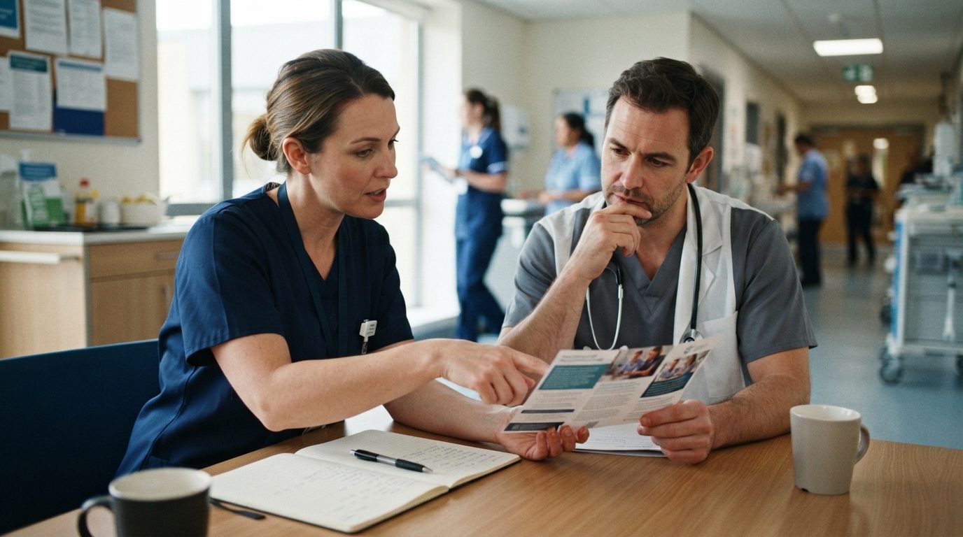 Two healthcare workers examine a printed card at a table in a bright hospital corridor, with a notebook, pens, and cups nearby.