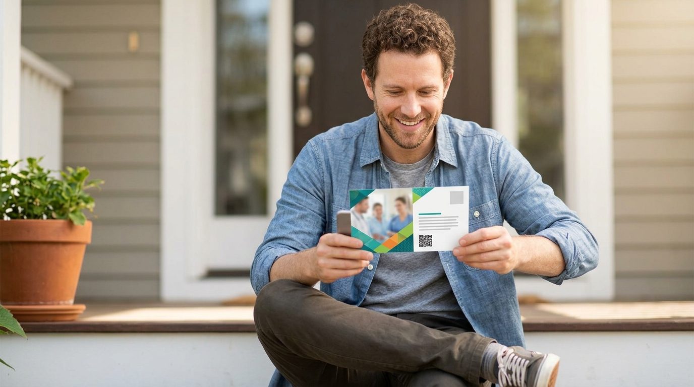 A smiling person holds a designed postcard with a QR code while seated on the steps of a house.