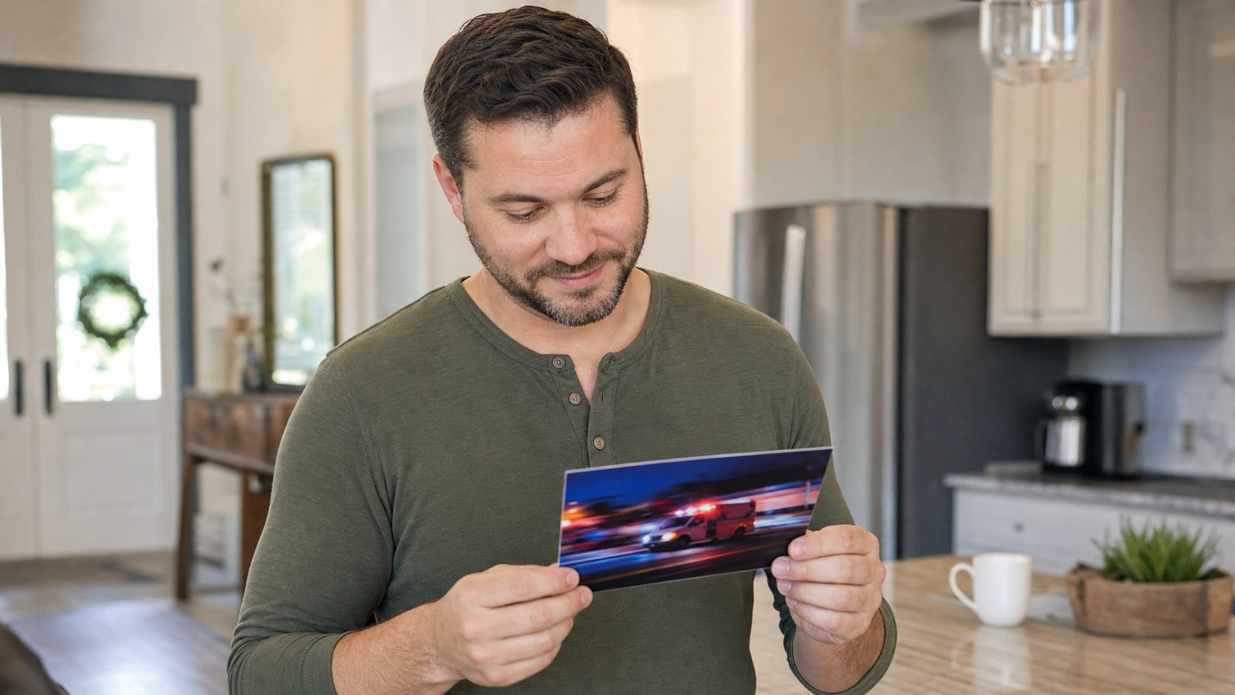 A man examines a postcard showing an ambulance in motion while standing in a home kitchen.