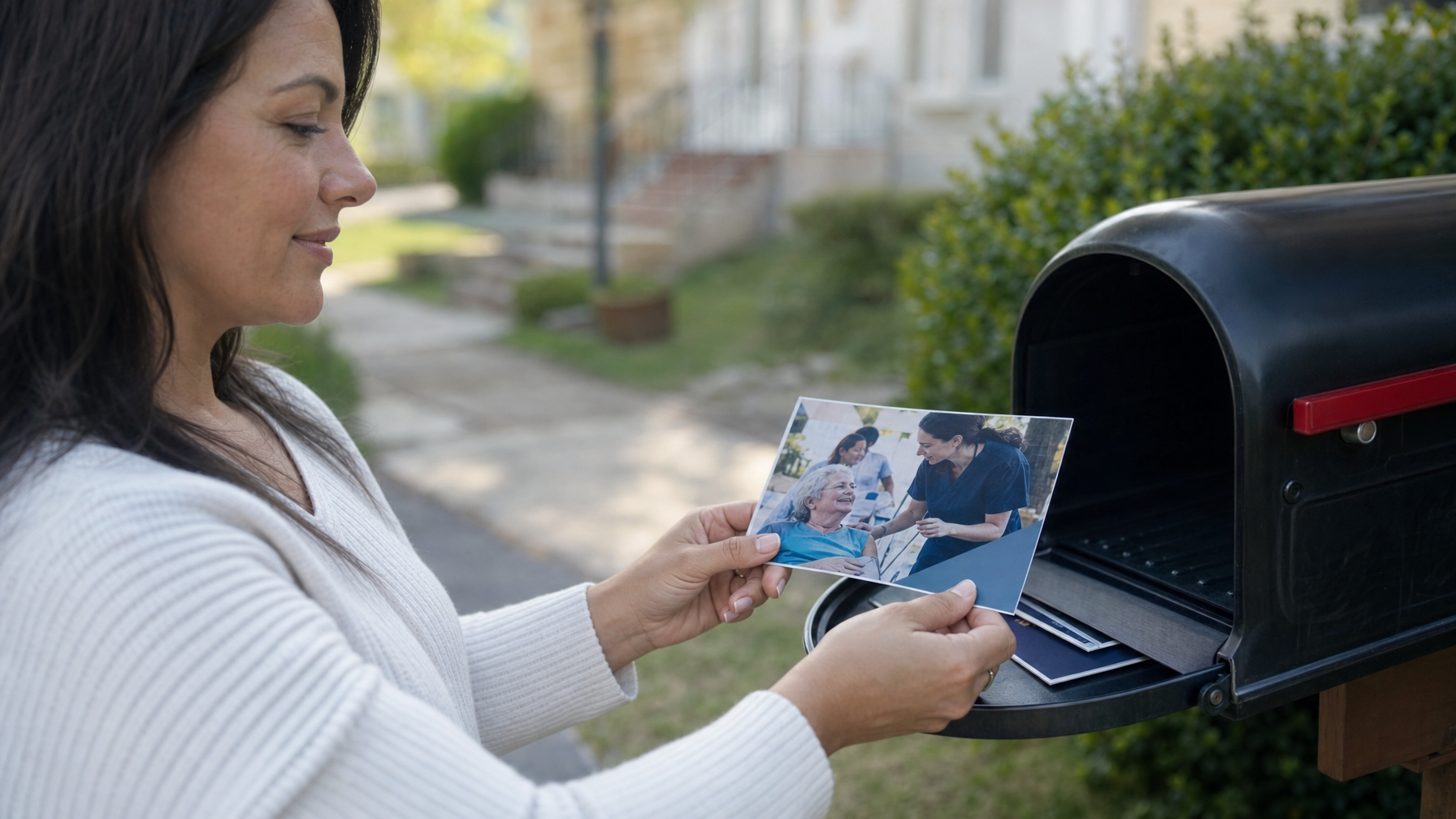 A woman places a postcard showing care workers with an older adult into an open residential mailbox.