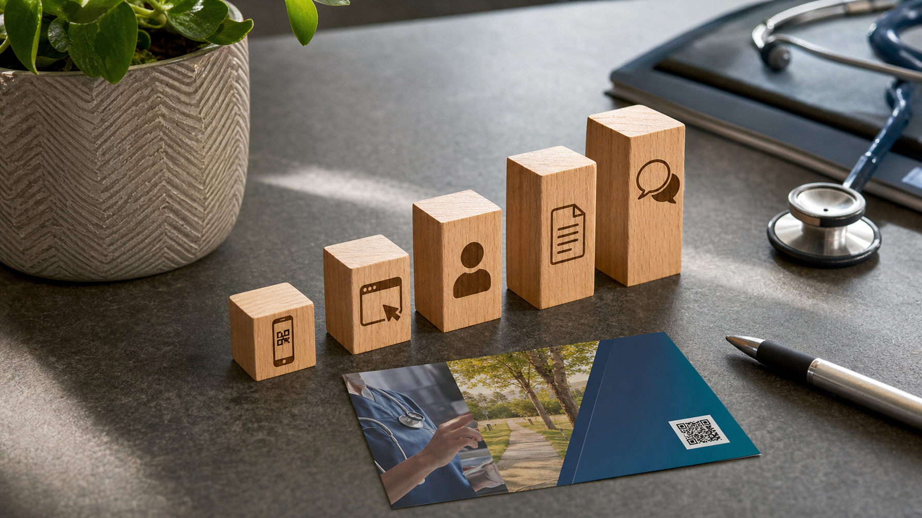 Wooden blocks with icons of a QR code, web page, person, document, and speech bubble stand beside a blue QR-coded card, a stethoscope, pen, and potted plant on a desk.