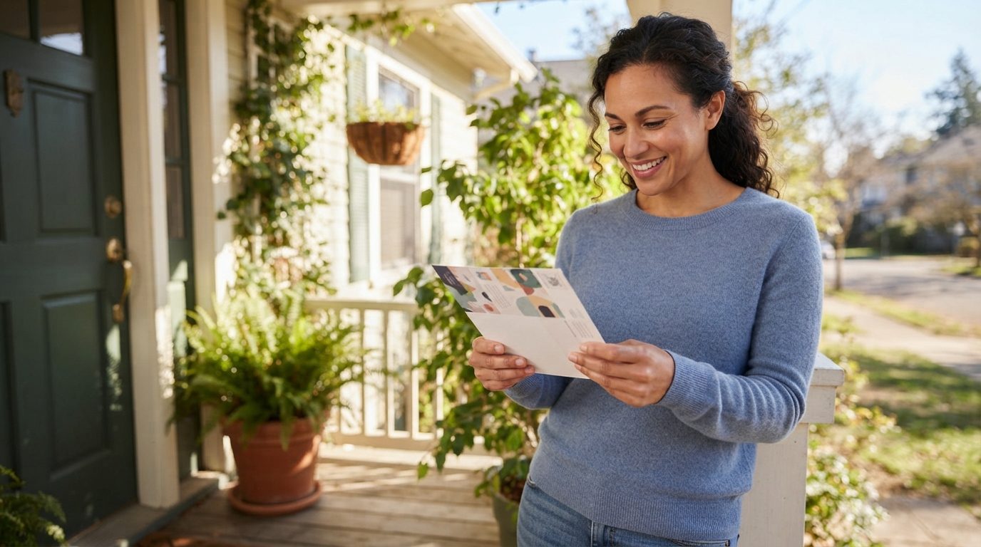 A woman reads a postcard while standing on the porch of a house, with potted plants and a residential street behind her.