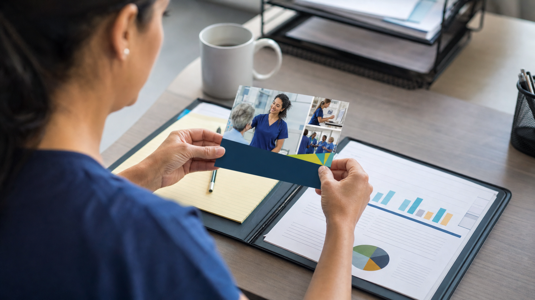 A person in blue scrubs holds a brochure featuring healthcare workers over a desk with charts, a notebook, and a coffee cup.