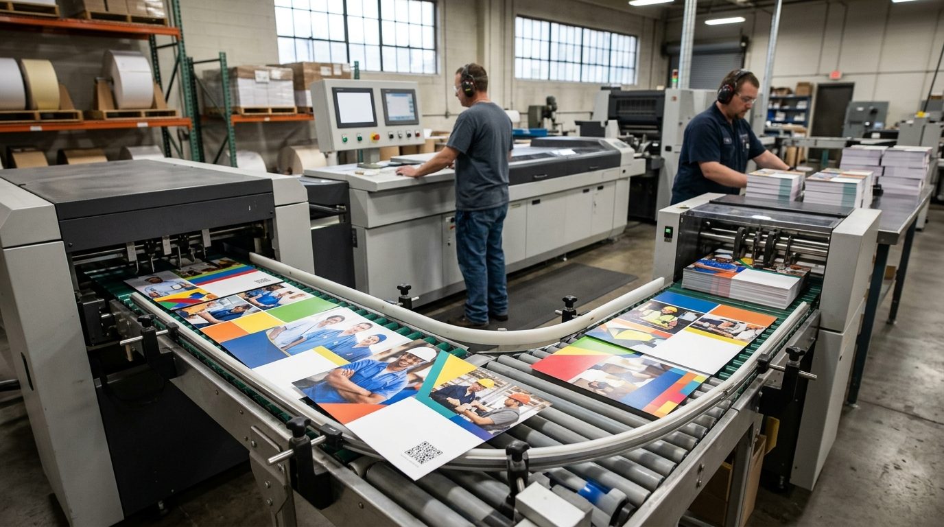 Two workers operate industrial printing and conveyor machinery as colorful printed sheets move through a commercial print shop.