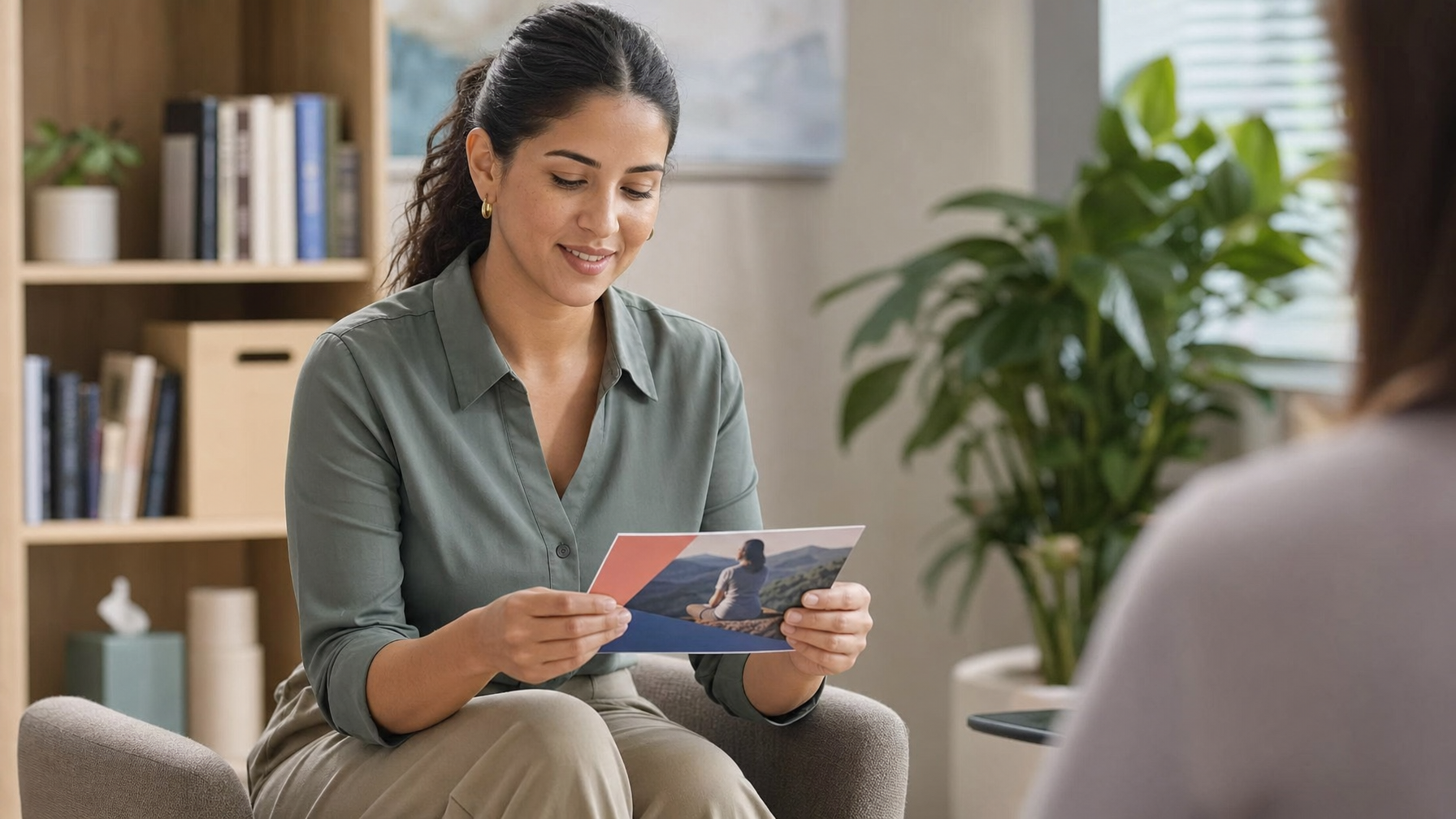 A seated person holds a glossy brochure while facing another seated person in a softly lit office or consultation room with bookshelves and a plant.