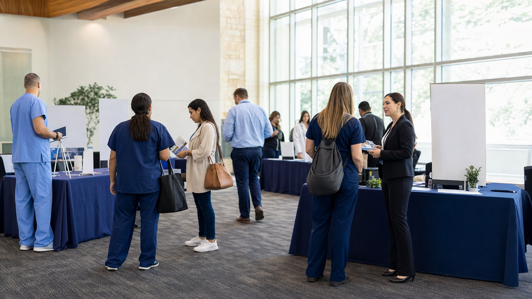 People in medical scrubs and business attire talk at tables in a bright indoor career fair venue, with brochures and display boards around them.