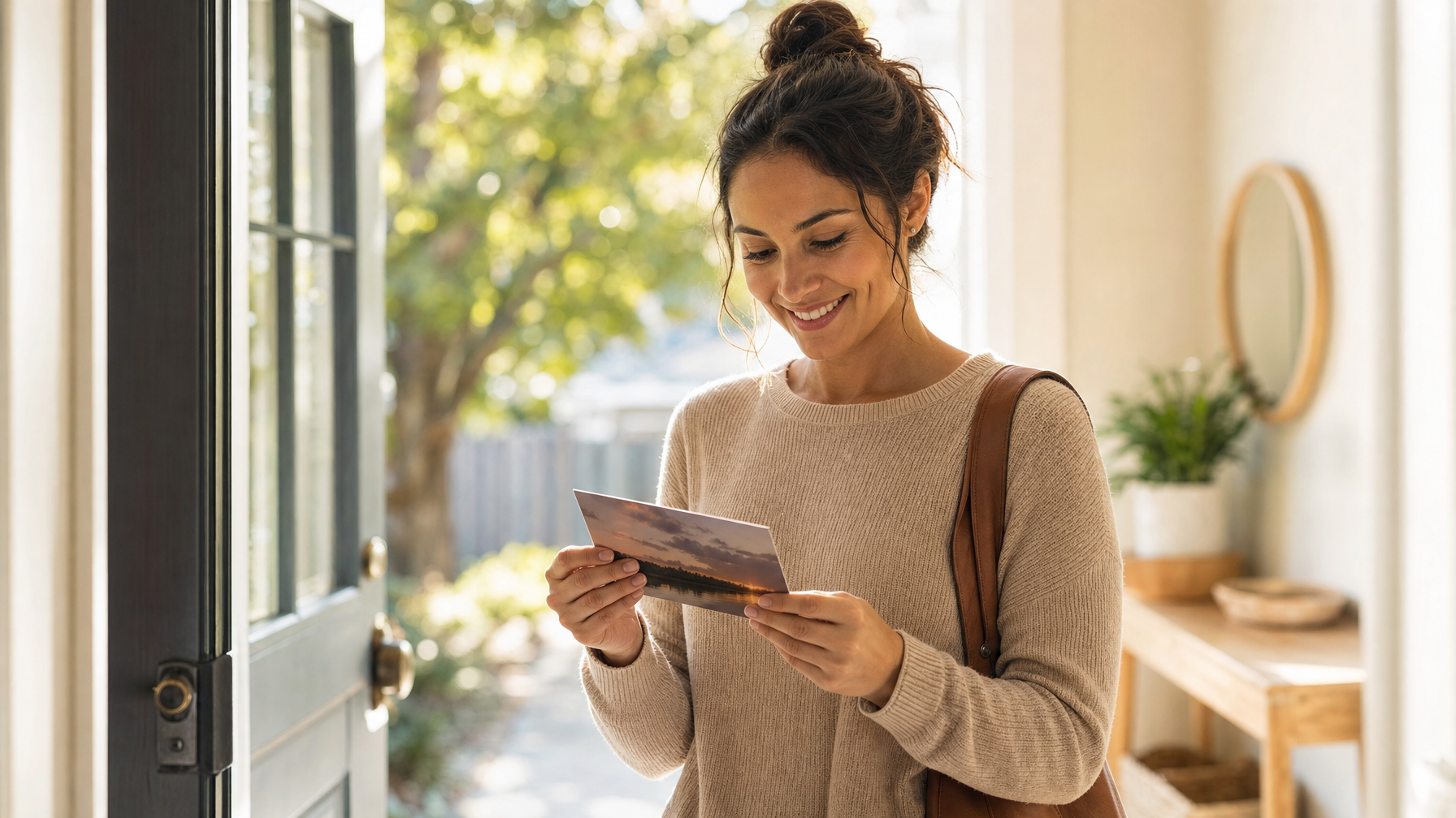 A smiling woman holding a landscape postcard near the open doorway of a bright home entryway.