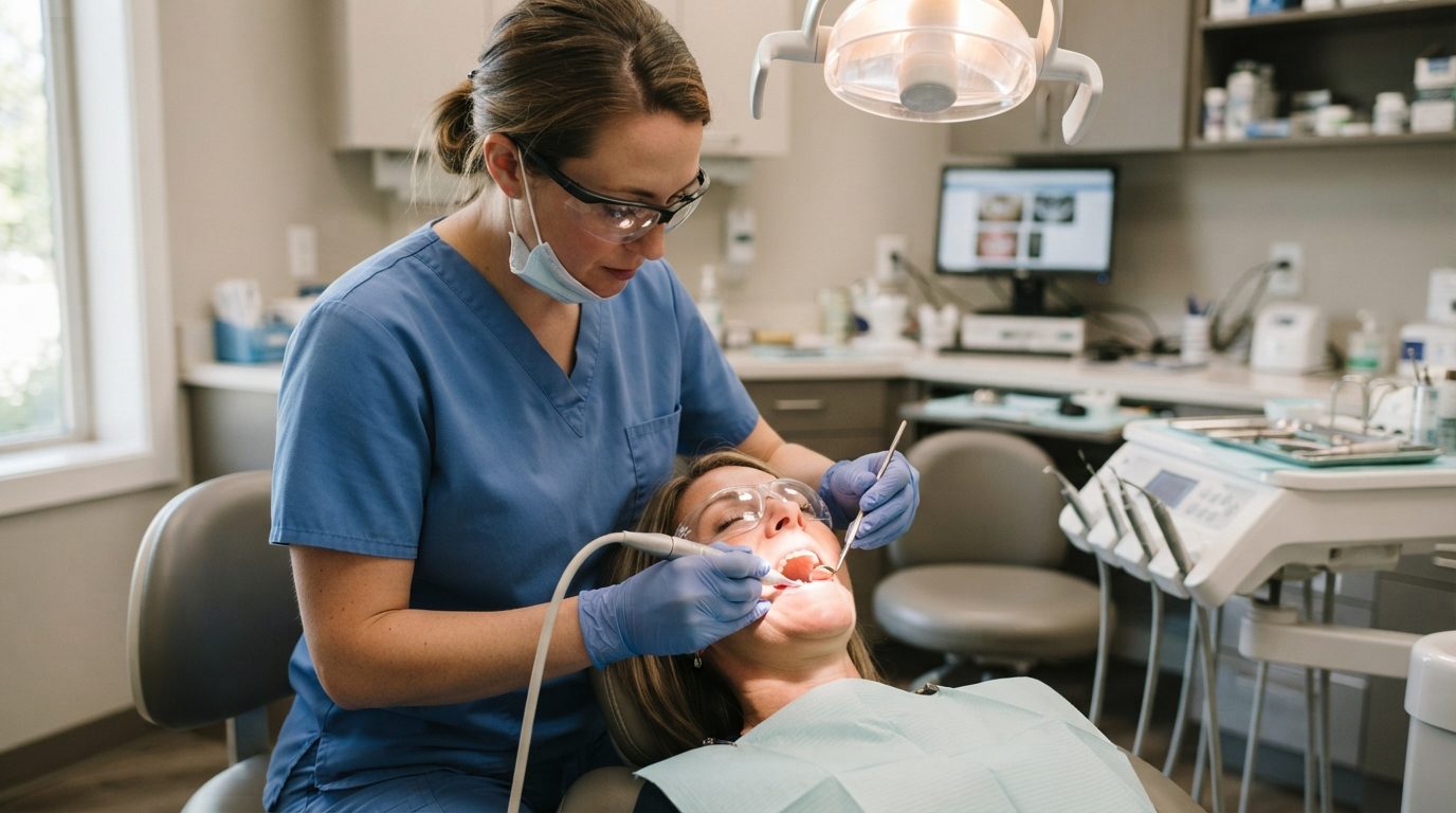 A dental professional in blue scrubs uses instruments on a patient in a bright dental treatment room.