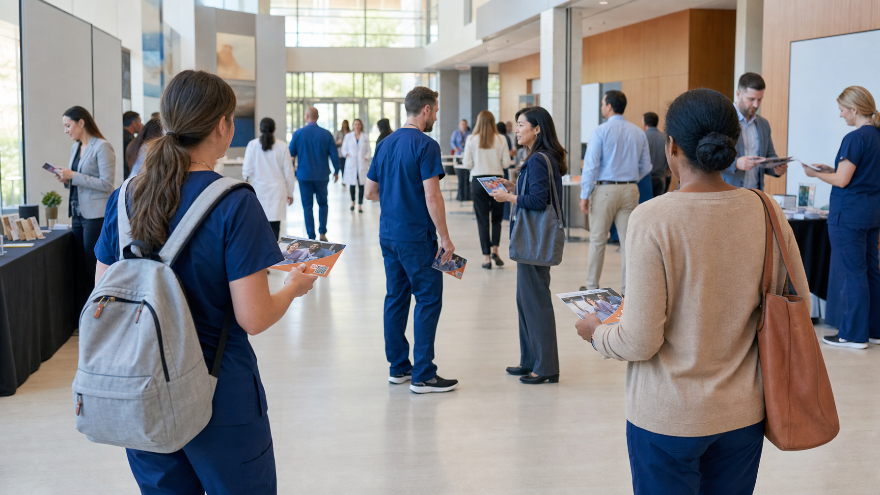 People mingle and exchange brochures in a bright indoor event hall with display tables, while several people wear medical-style scrubs.
